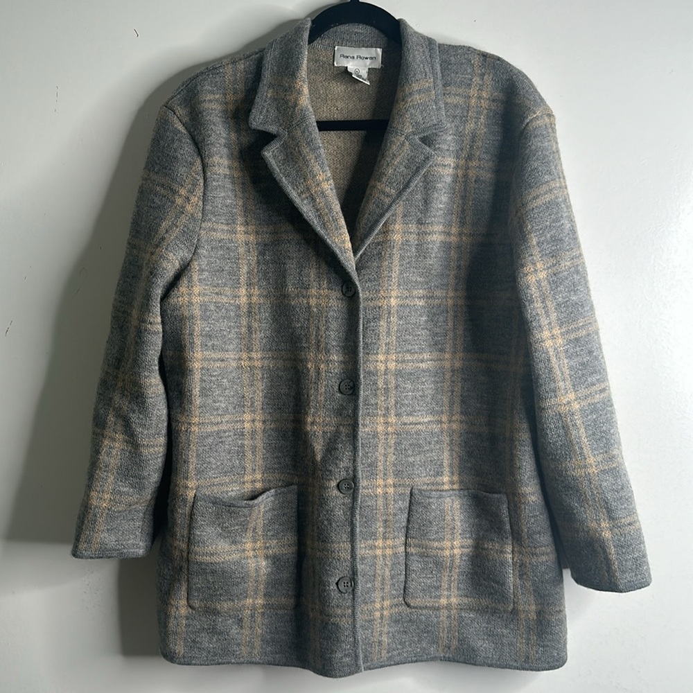 Rena Rowan wool plaid knit cardigan jacket size XlArge gray beige outlander